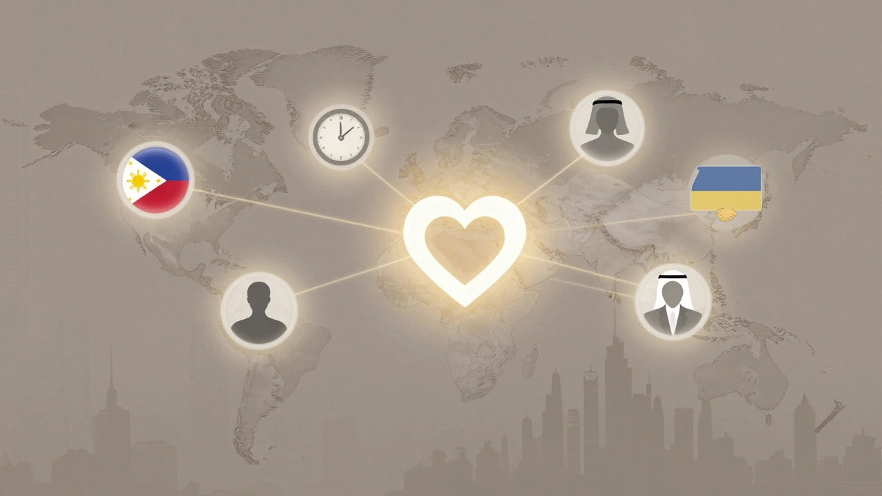 A conceptual map of Dubai with global icons connected by golden threads, symbolizing the human network of companionship.