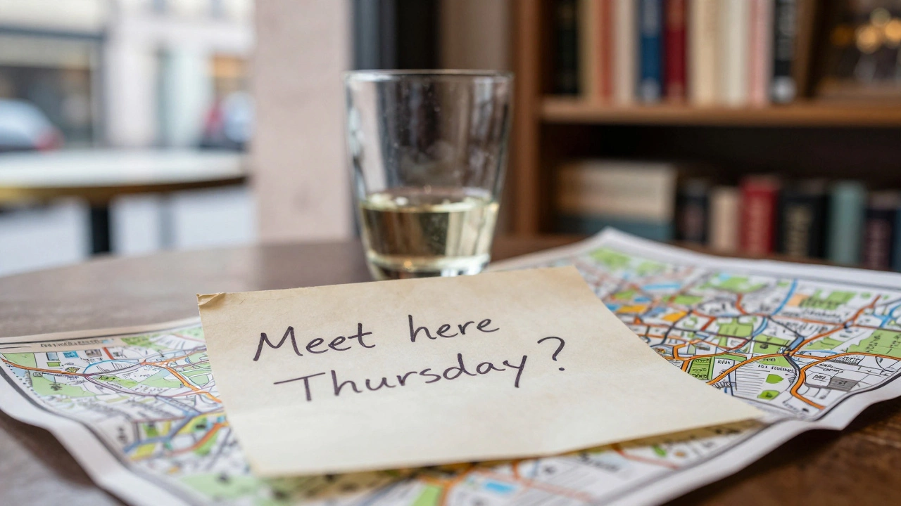 A handwritten note and wine glass on a café table in Strasbourg, map partially visible.