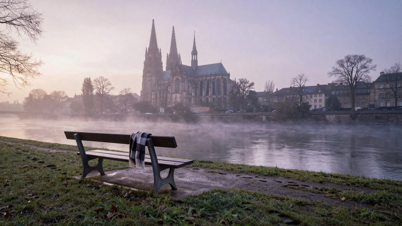 An empty bench by the Ill River at dawn, scarf left behind, mist rising gently.